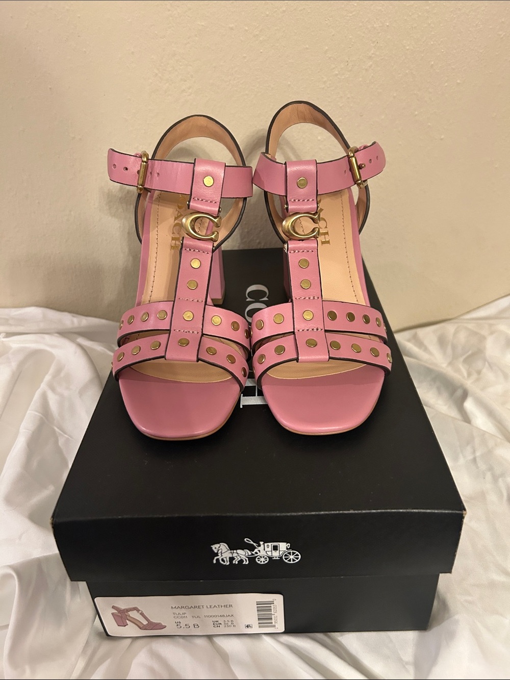 Coach - Margaret Sandal Pink Studded Leather Block Heel Sandals